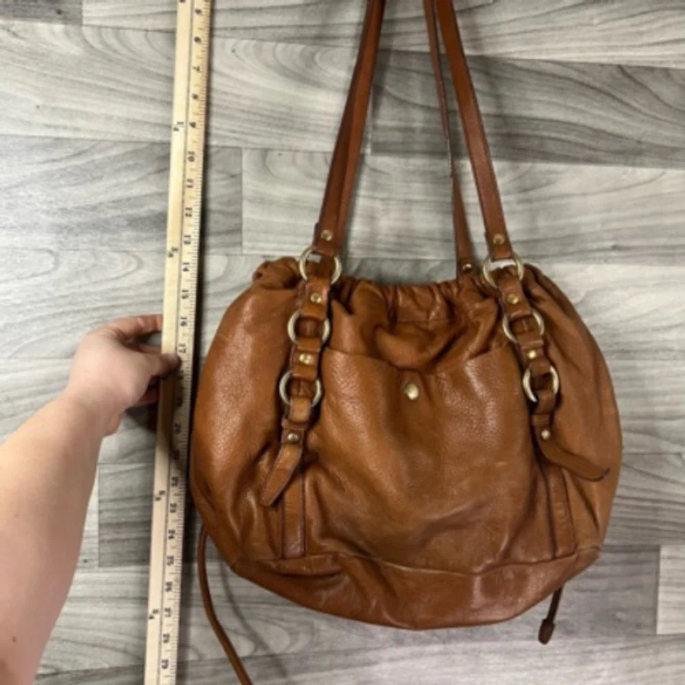 J.Crew Womens Hobo Handbag Brown Leather Drawstring Outer Pocket‎ Hardware S